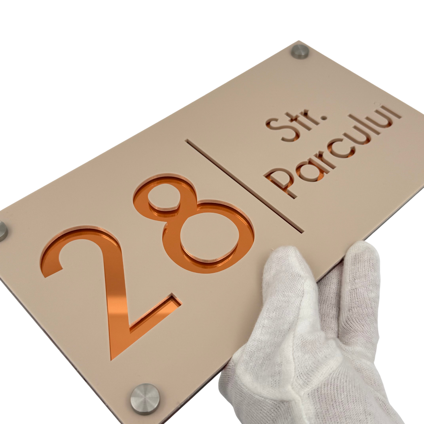 PREMIUM HOUSE NUMBER - Cream colour Satin Copper Mirror 4 Spacers Silver - 28×15 cm