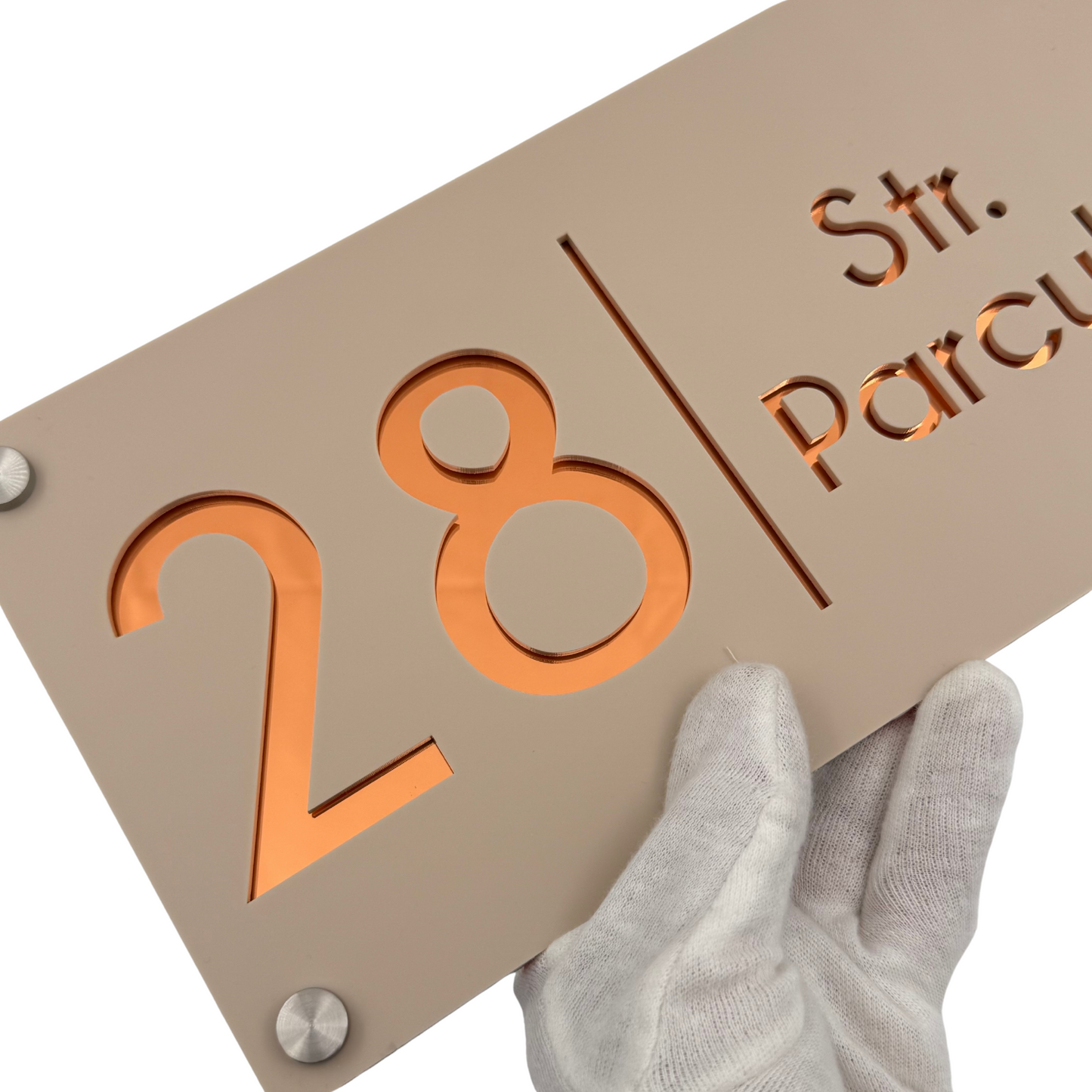 PREMIUM HOUSE NUMBER - Cream colour Satin Copper Mirror 4 Spacers Silver - 28×15 cm