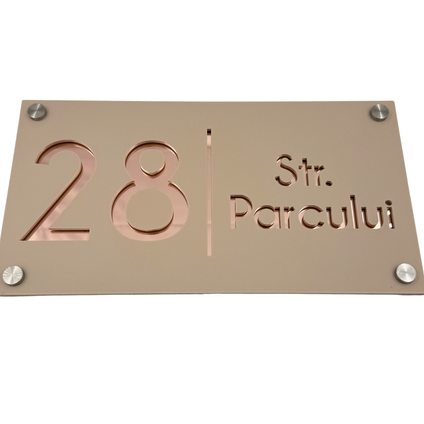 PREMIUM HOUSE NUMBER - Cream colour Satin Rose Gold Mirror 4 Spacers Silver - 28×15 cm