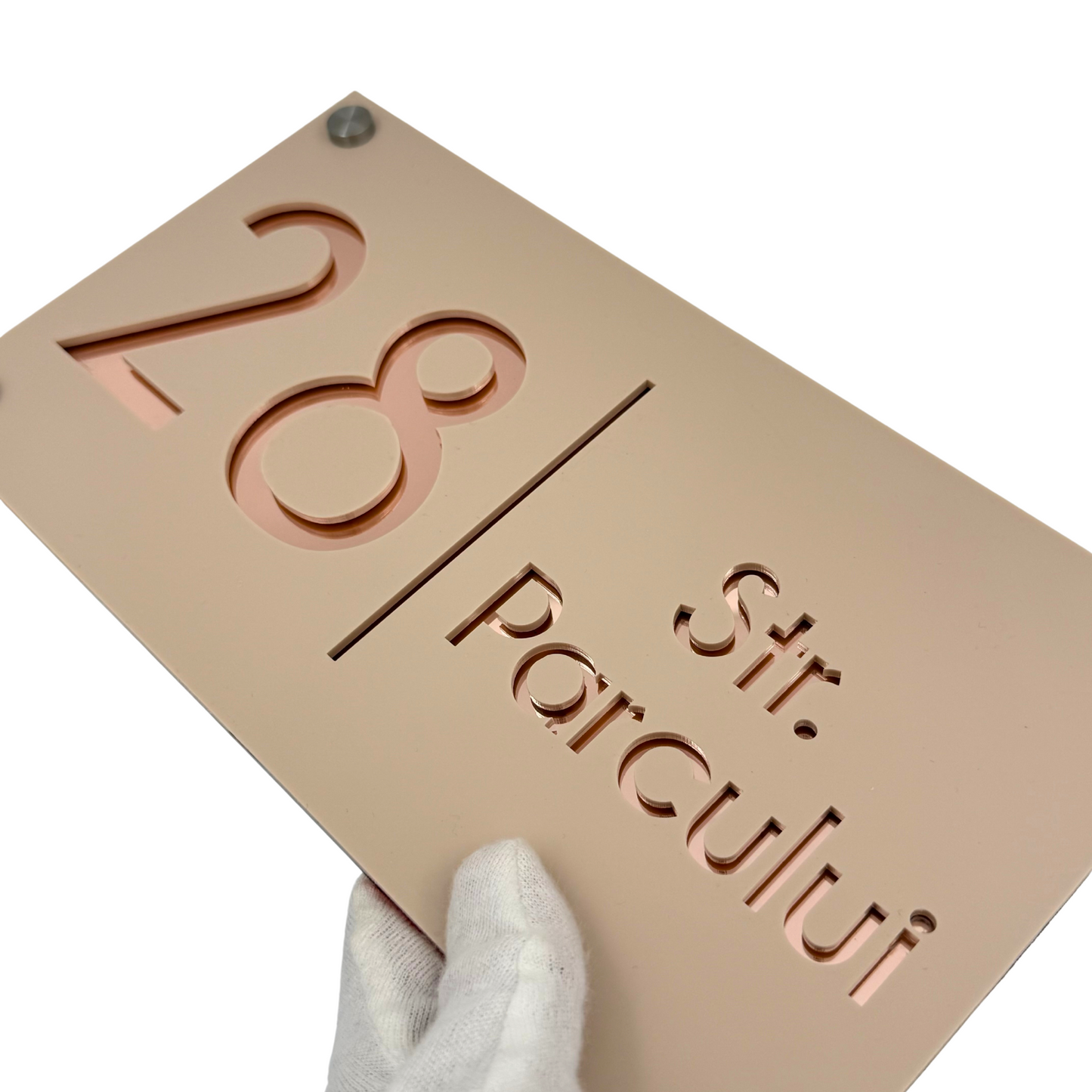 PREMIUM HOUSE NUMBER - Cream colour Satin Rose Gold Mirror 4 Spacers Silver - 28×15 cm