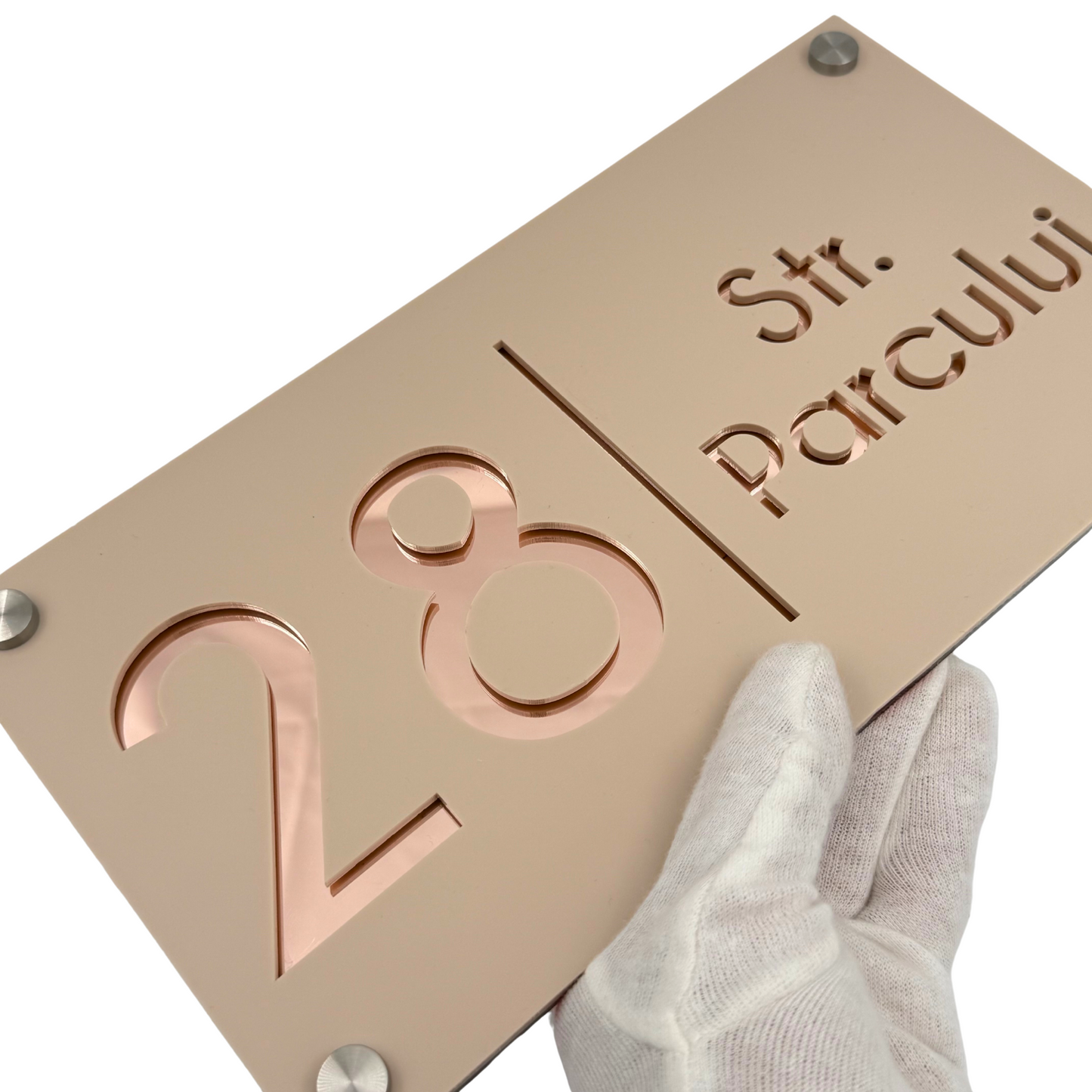 PREMIUM HOUSE NUMBER - Cream colour Satin Rose Gold Mirror 4 Spacers Silver - 28×15 cm