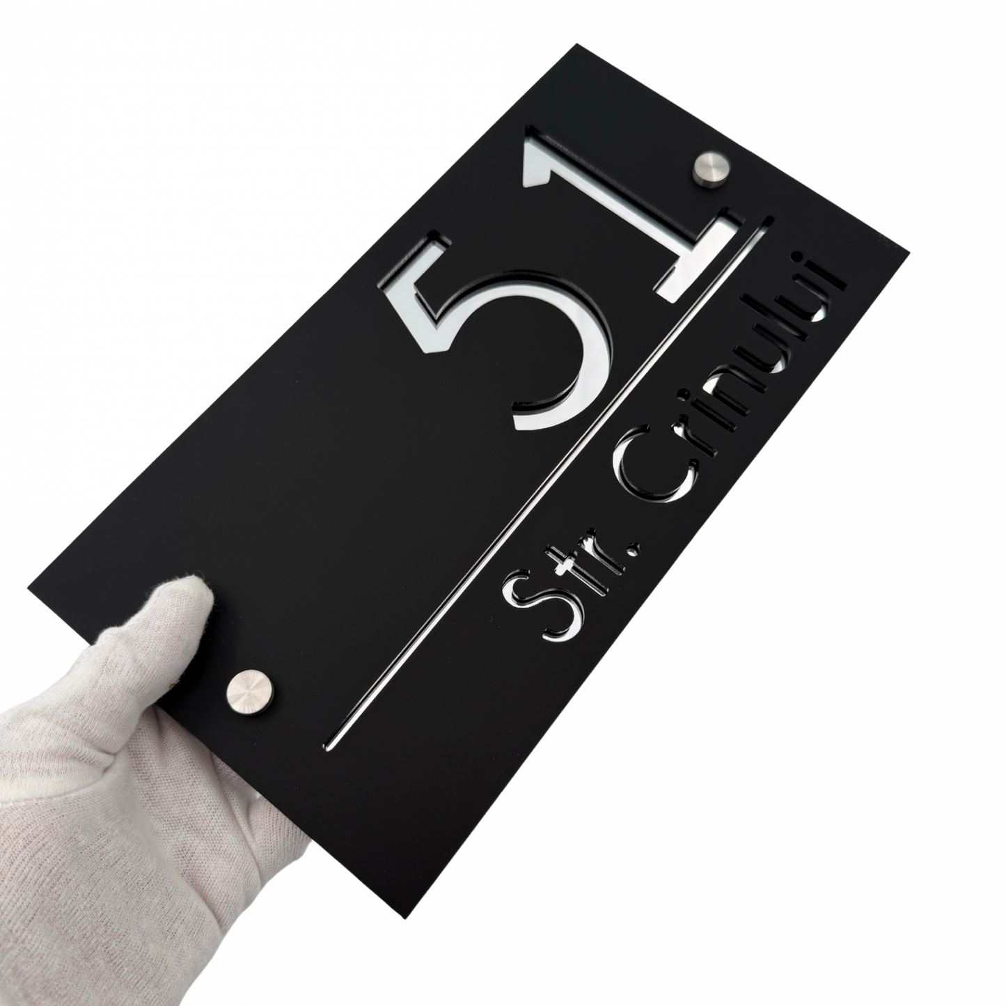 PREMIUM HOUSE NUMBER - Satin Black Silver Mirror 2 Spacers Silver - 28×15 cm