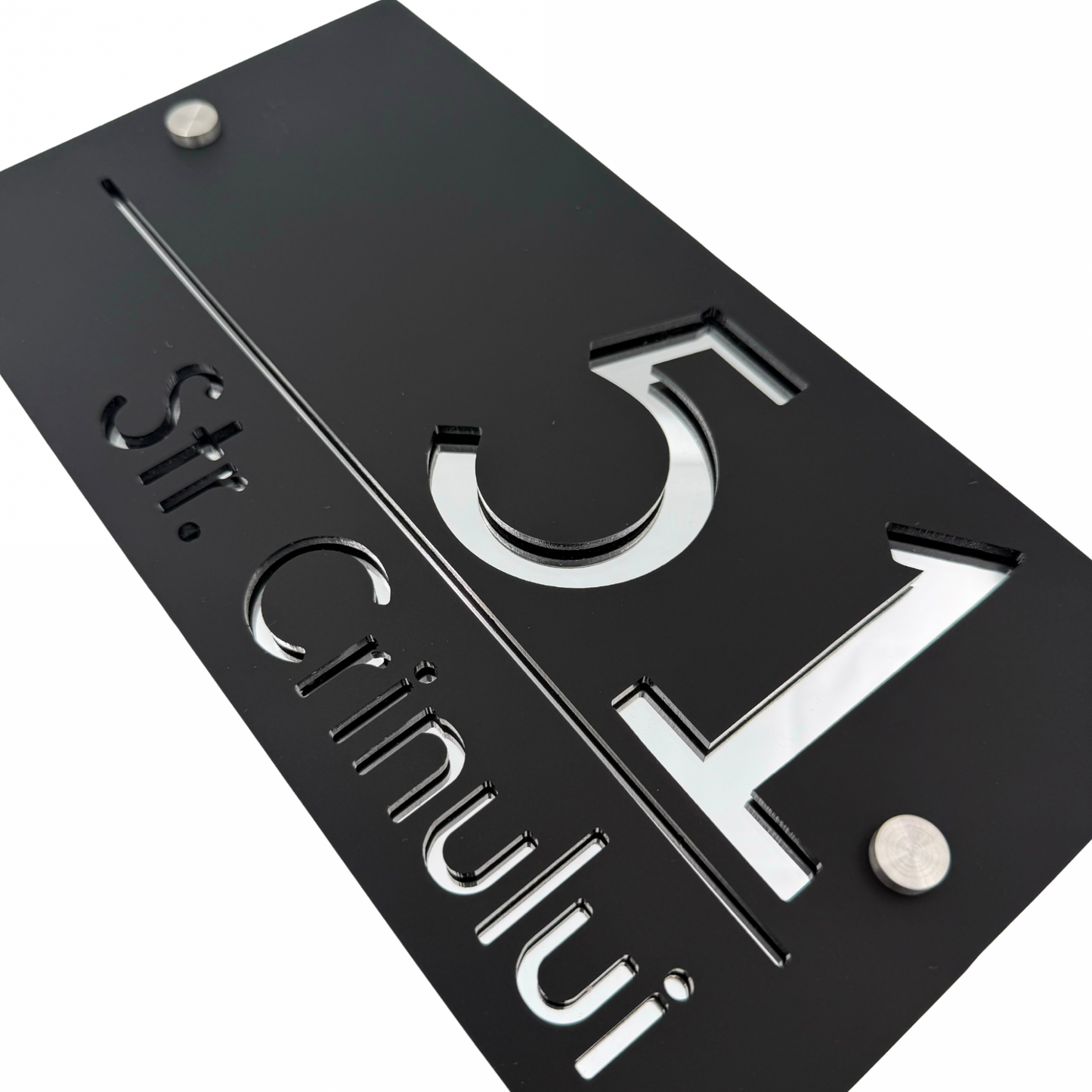 PREMIUM HOUSE NUMBER - Satin Black Silver Mirror 2 Spacers Silver - 28×15 cm