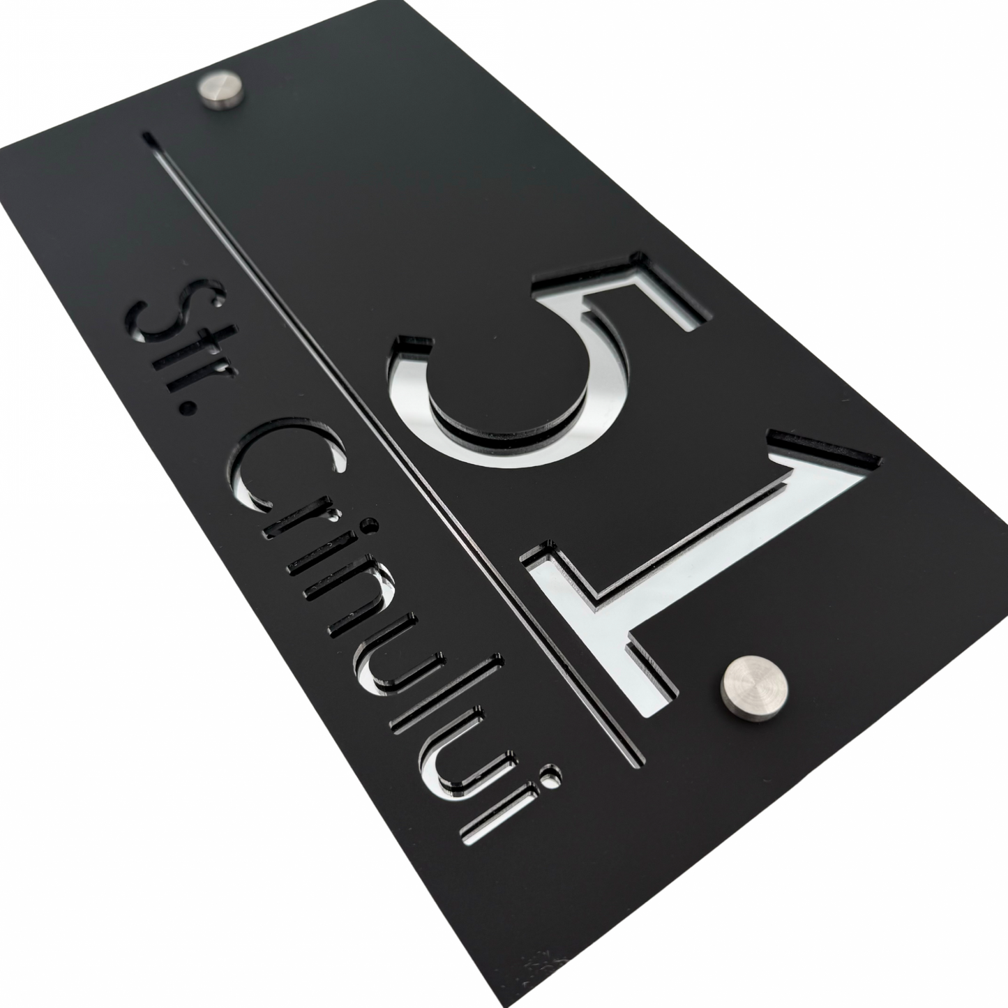 PREMIUM HOUSE NUMBER - Satin Black Silver Mirror 2 Spacers Silver - 28×15 cm
