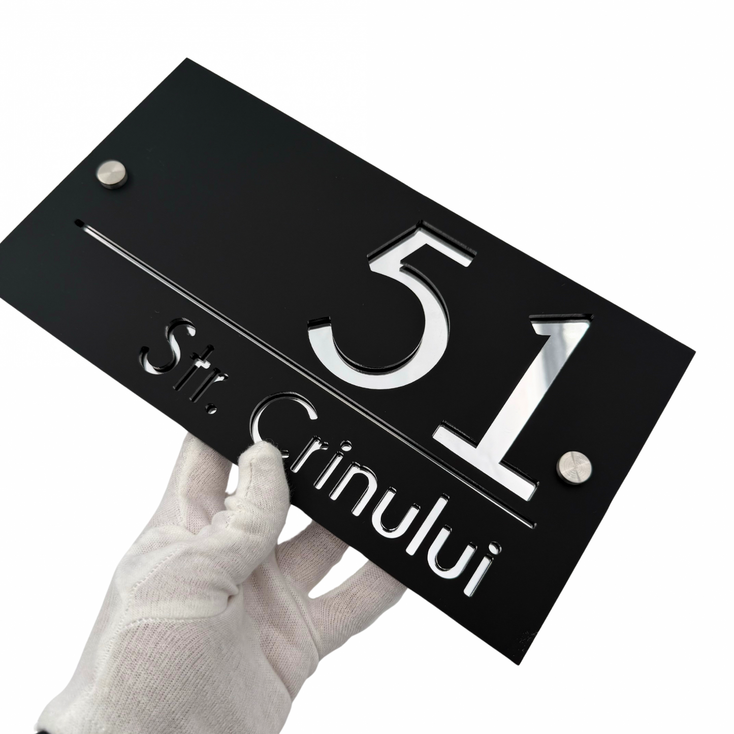 PREMIUM HOUSE NUMBER - Satin Black Silver Mirror 2 Spacers Silver - 28×15 cm
