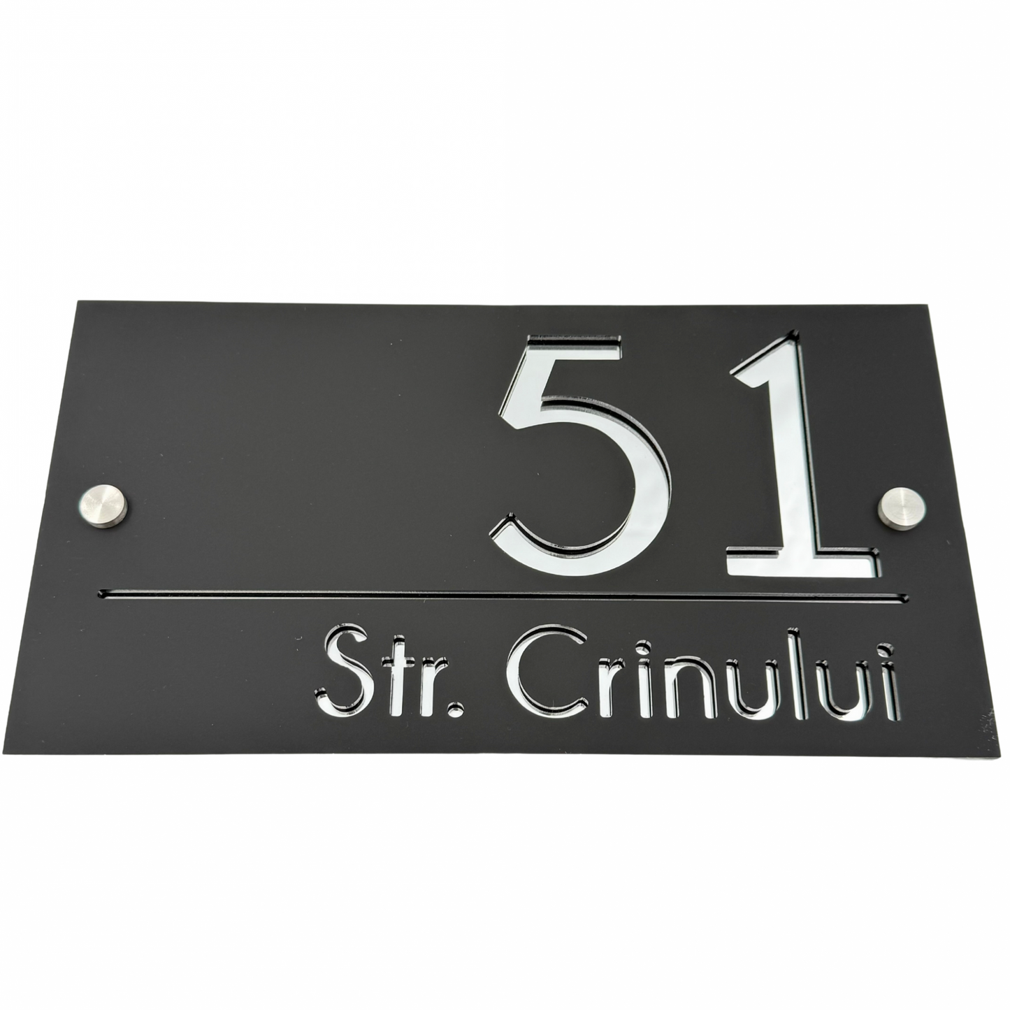 PREMIUM HOUSE NUMBER - Satin Black Silver Mirror 2 Spacers Silver - 28×15 cm