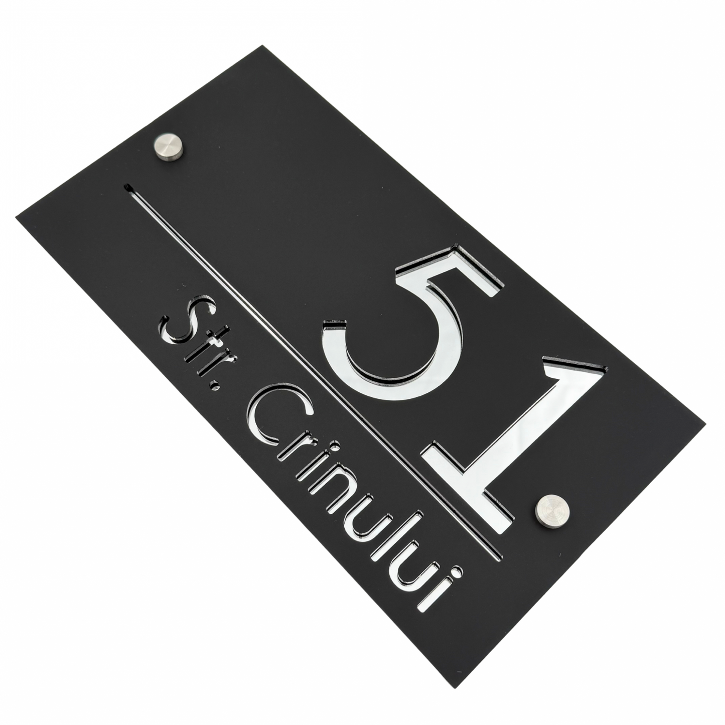 PREMIUM HOUSE NUMBER - Satin Black Silver Mirror 2 Spacers Silver - 28×15 cm