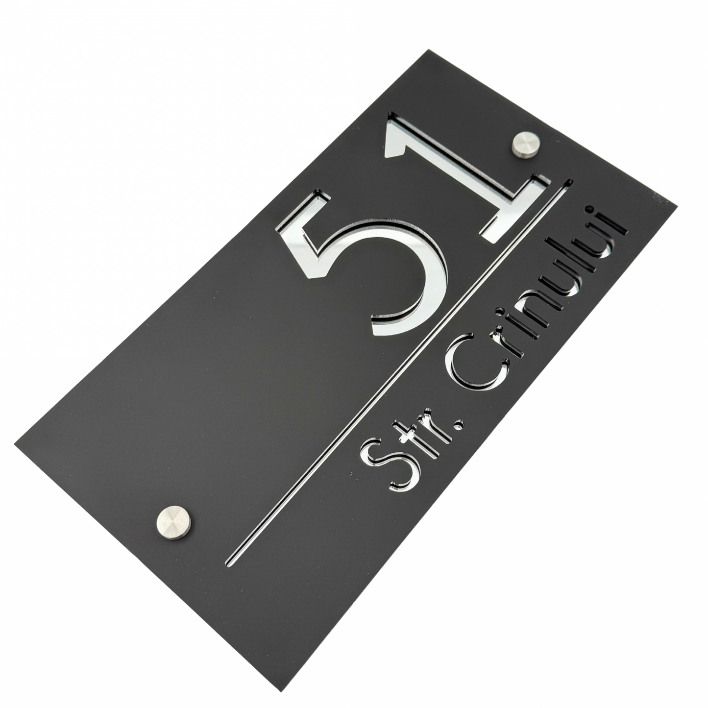 PREMIUM HOUSE NUMBER - Satin Black Silver Mirror 2 Spacers Silver - 28×15 cm