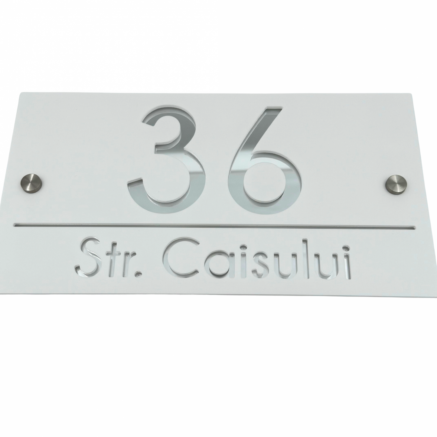 PREMIUM HOUSE NUMBER - White Satin Silver Mirror 2 Spacers Silver - 28×15 cm