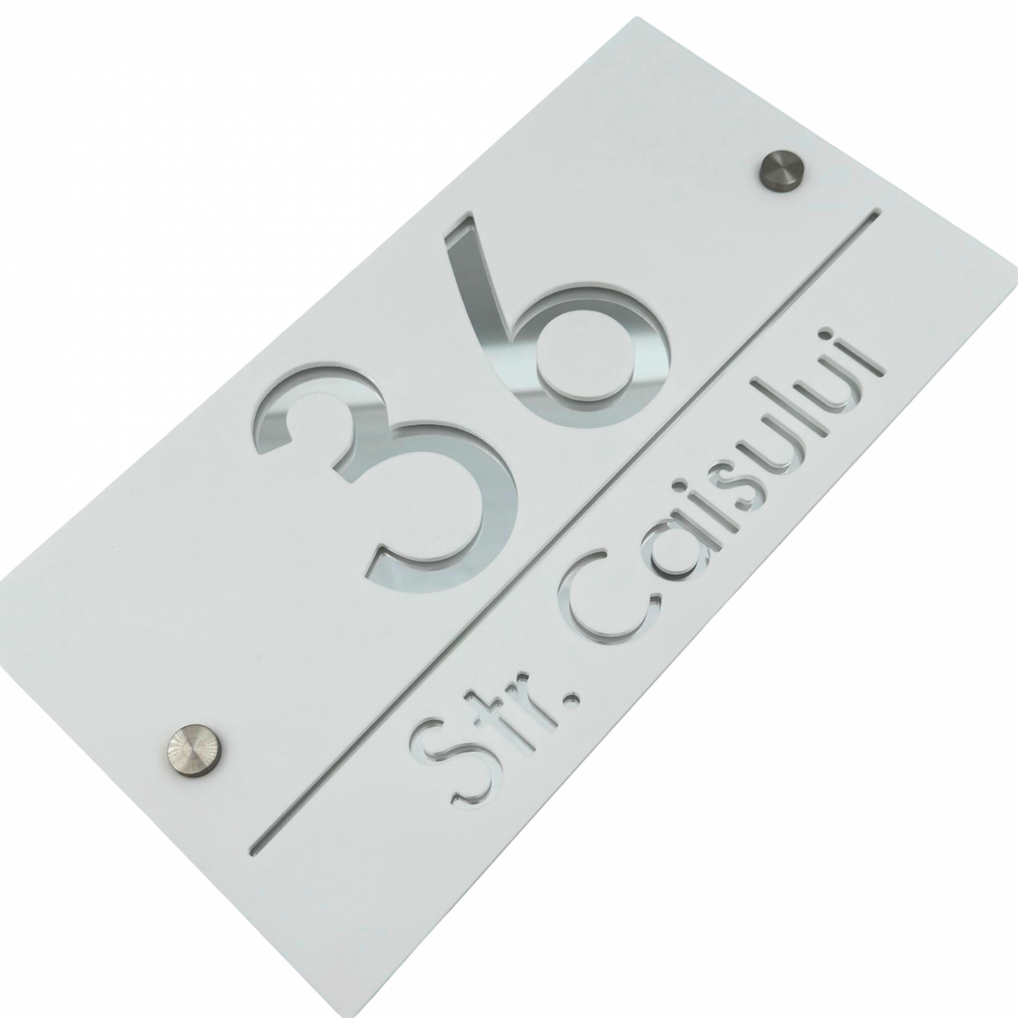 PREMIUM HOUSE NUMBER - White Satin Silver Mirror 2 Spacers Silver - 28×15 cm