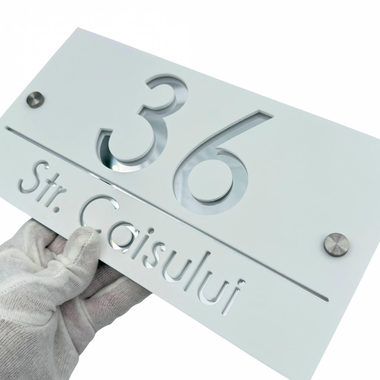 PREMIUM HOUSE NUMBER - White Satin Silver Mirror 2 Spacers Silver - 28×15 cm