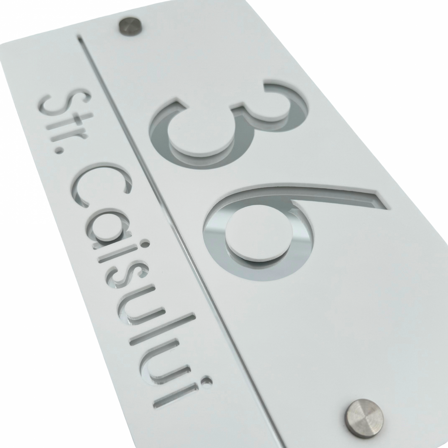 PREMIUM HOUSE NUMBER - White Satin Silver Mirror 2 Spacers Silver - 28×15 cm