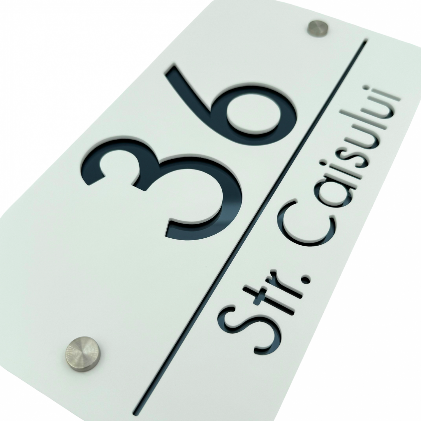 PREMIUM HOUSE NUMBER - White Satin Anthracite Grey Mirror 2 Spacers Silver - 28×15 cm