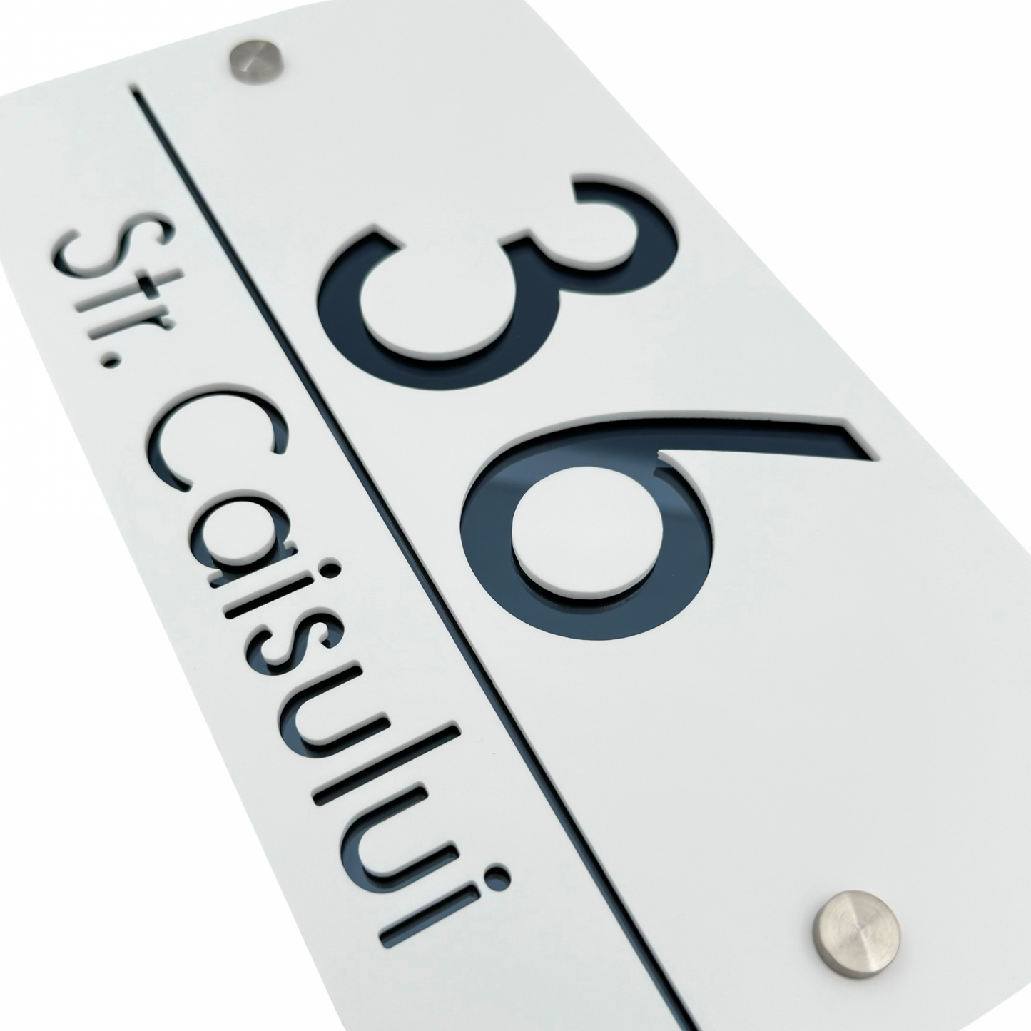 PREMIUM HOUSE NUMBER - White Satin Anthracite Grey Mirror 2 Spacers Silver - 28×15 cm