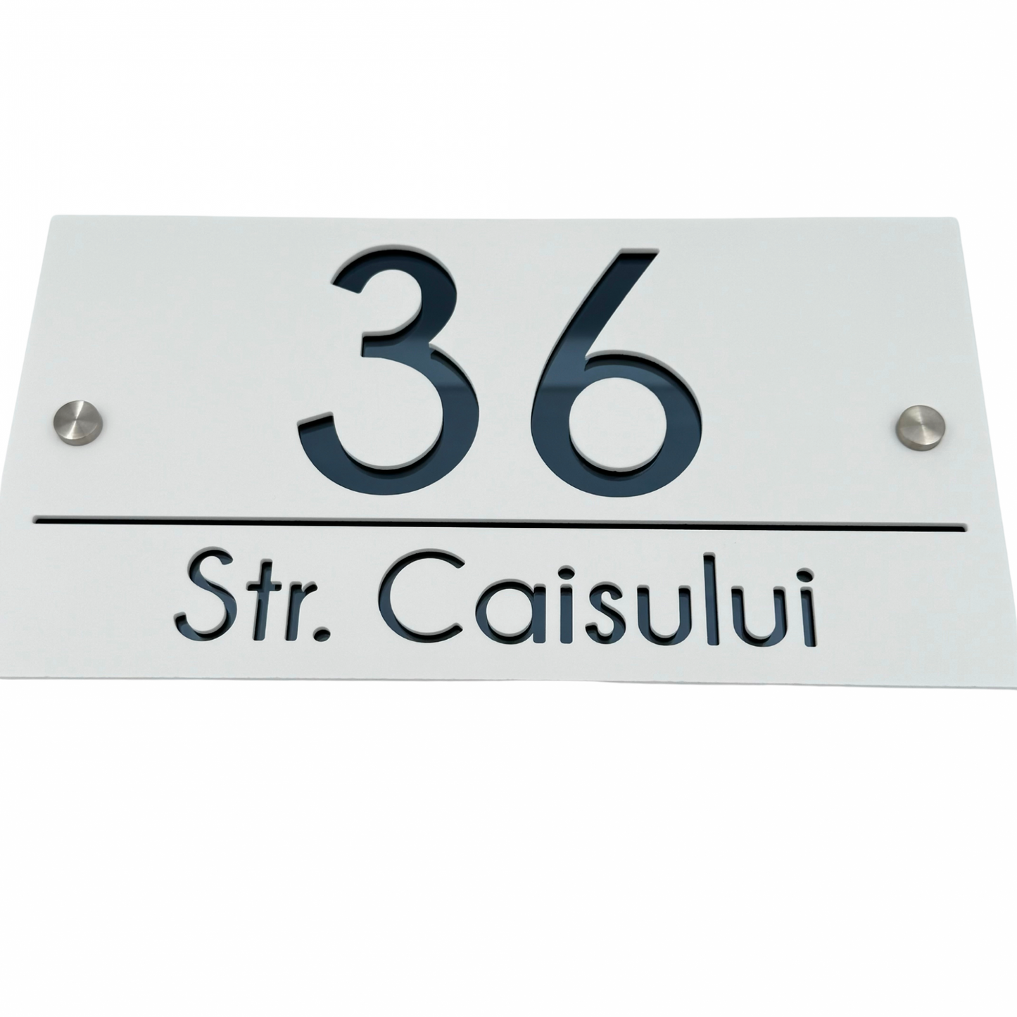 PREMIUM HOUSE NUMBER - White Satin Anthracite Grey Mirror 2 Spacers Silver - 28×15 cm