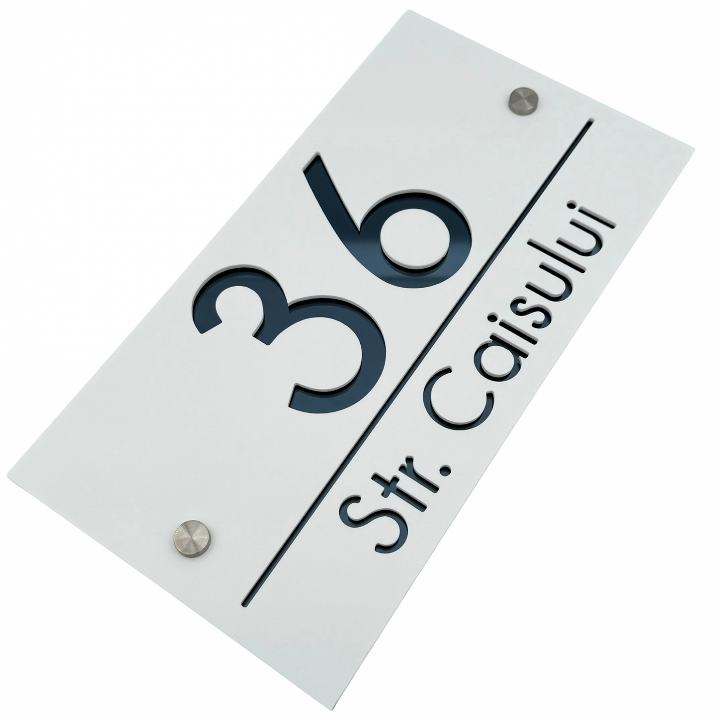 PREMIUM HOUSE NUMBER - White Satin Anthracite Grey Mirror 2 Spacers Silver - 28×15 cm