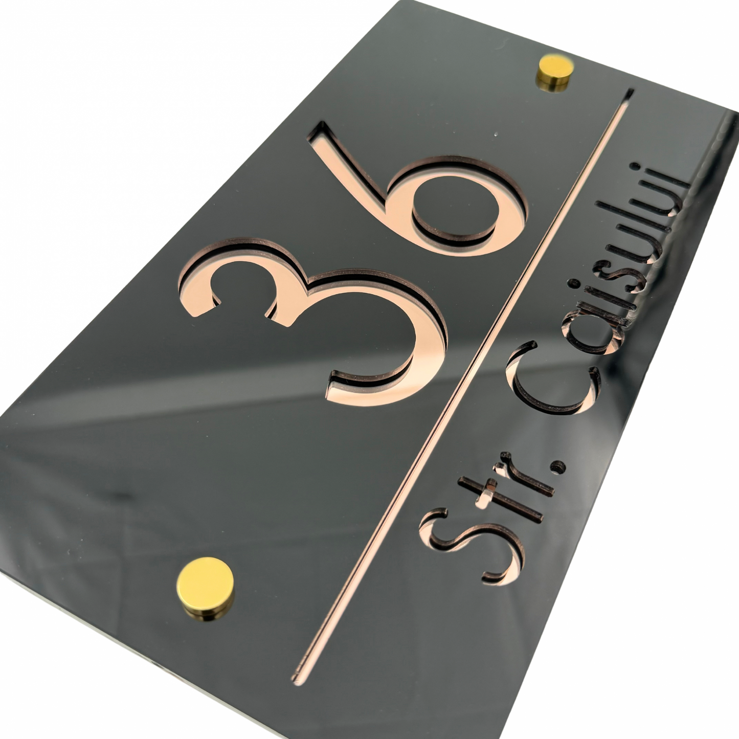 PREMIUM HOUSE NUMBER - Glossy Black Rose Gold Mirror 2 Spacers Gold - 28×15 cm