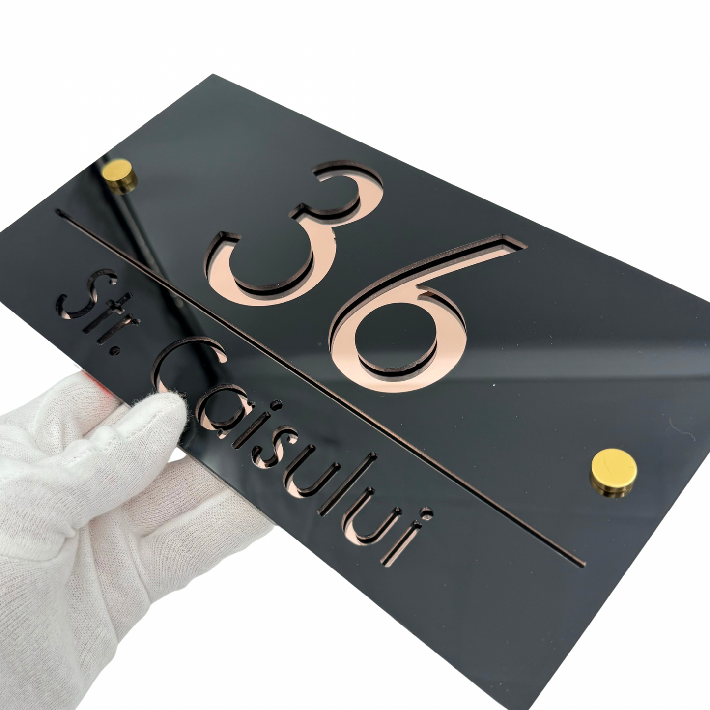 PREMIUM HOUSE NUMBER - Glossy Black Rose Gold Mirror 2 Spacers Gold - 28×15 cm