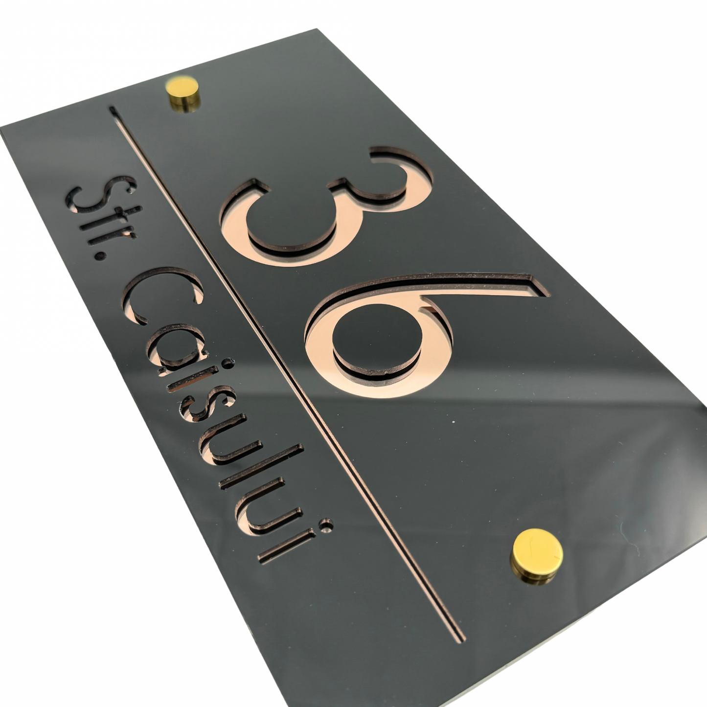 PREMIUM HOUSE NUMBER - Glossy Black Rose Gold Mirror 2 Spacers Gold - 28×15 cm