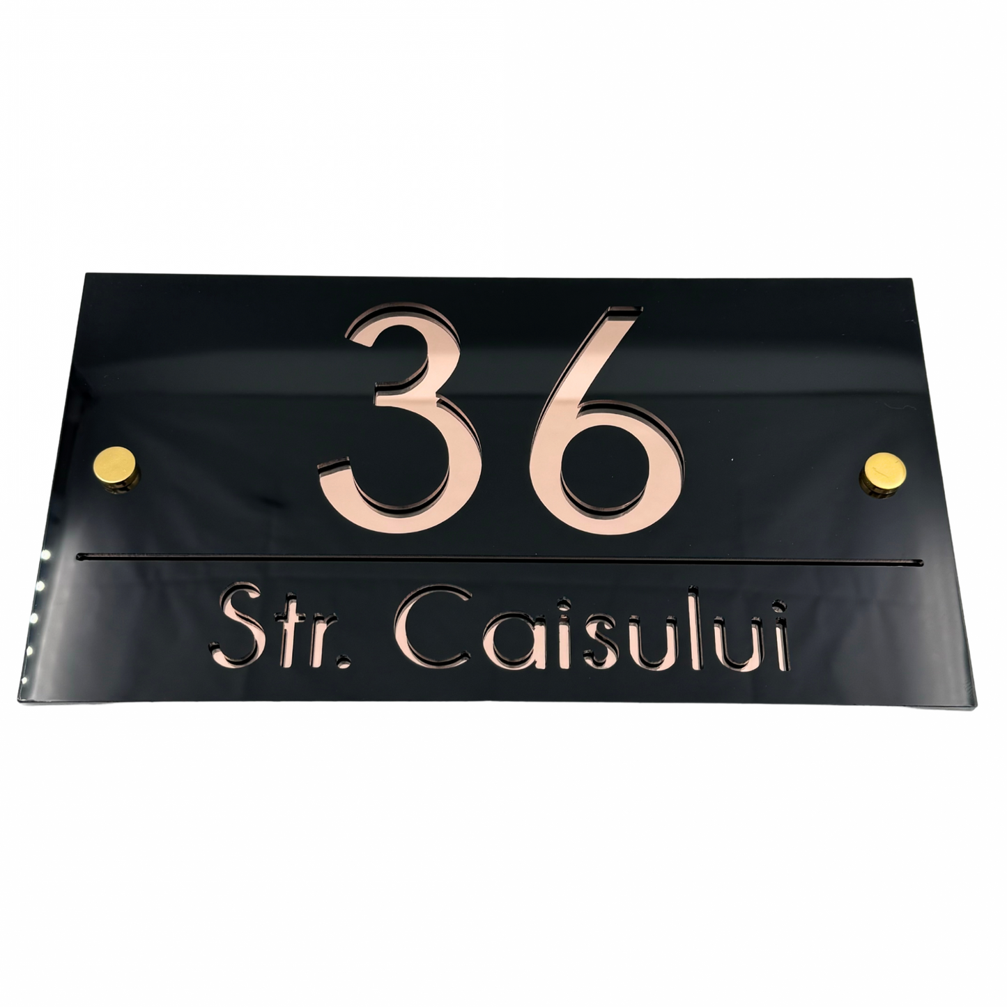 PREMIUM HOUSE NUMBER - Glossy Black Rose Gold Mirror 2 Spacers Gold - 28×15 cm