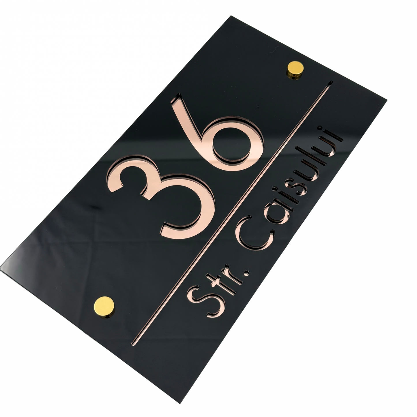 PREMIUM HOUSE NUMBER - Glossy Black Rose Gold Mirror 2 Spacers Gold - 28×15 cm