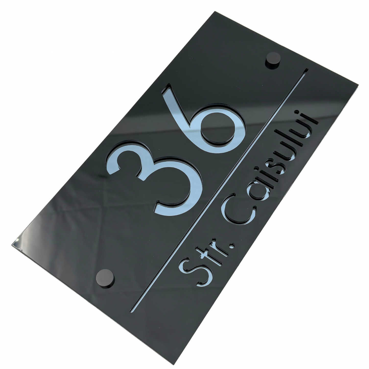 PREMIUM HOUSE NUMBER - Glossy Black Anthracite Grey Mirror 2 Spacers NeGreyi - 28×15 cm
