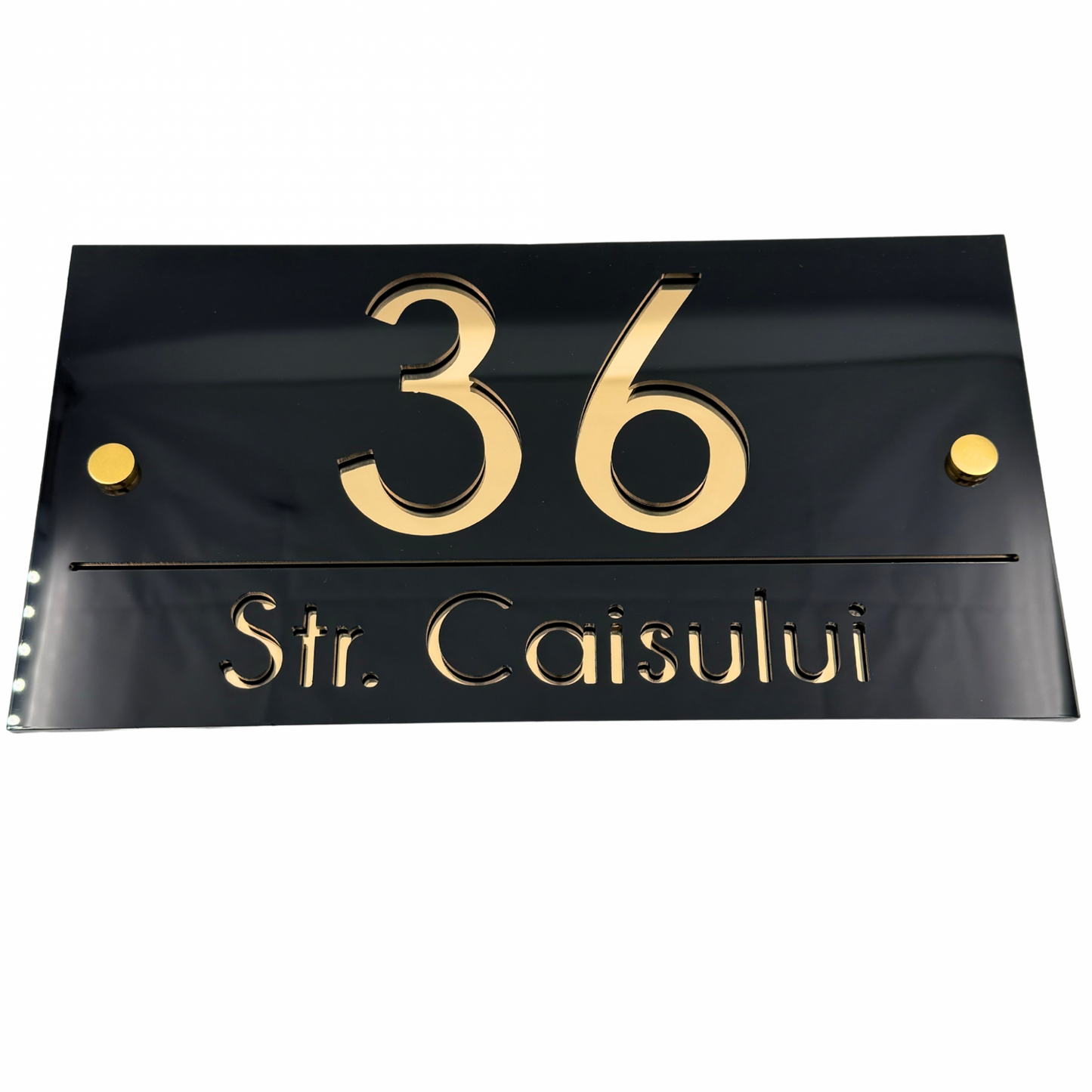 PREMIUM HOUSE NUMBER - Glossy Black Gold Mirror 2 Spacers Gold - 28×15 cm