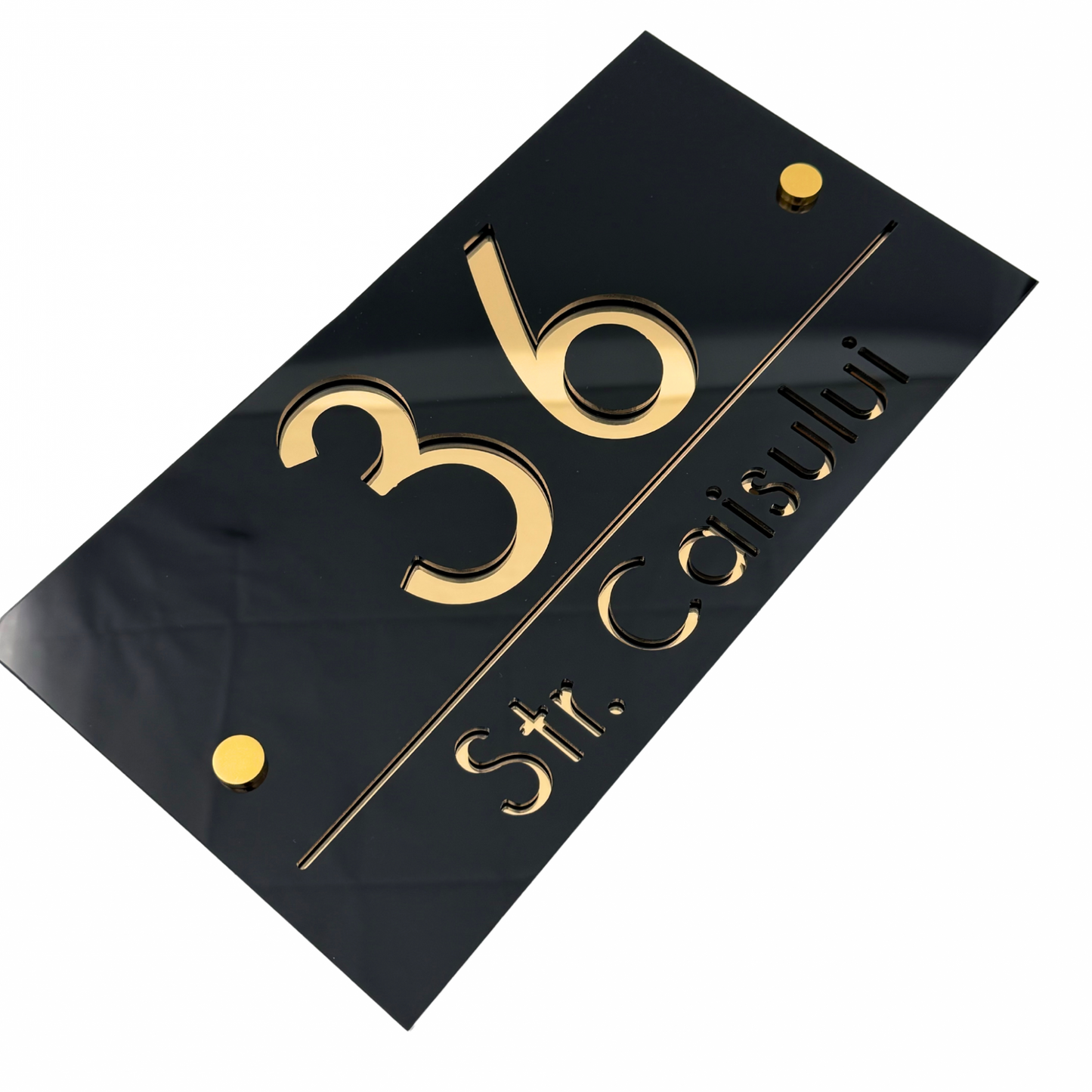 PREMIUM HOUSE NUMBER - Glossy Black Gold Mirror 2 Spacers Gold - 28×15 cm