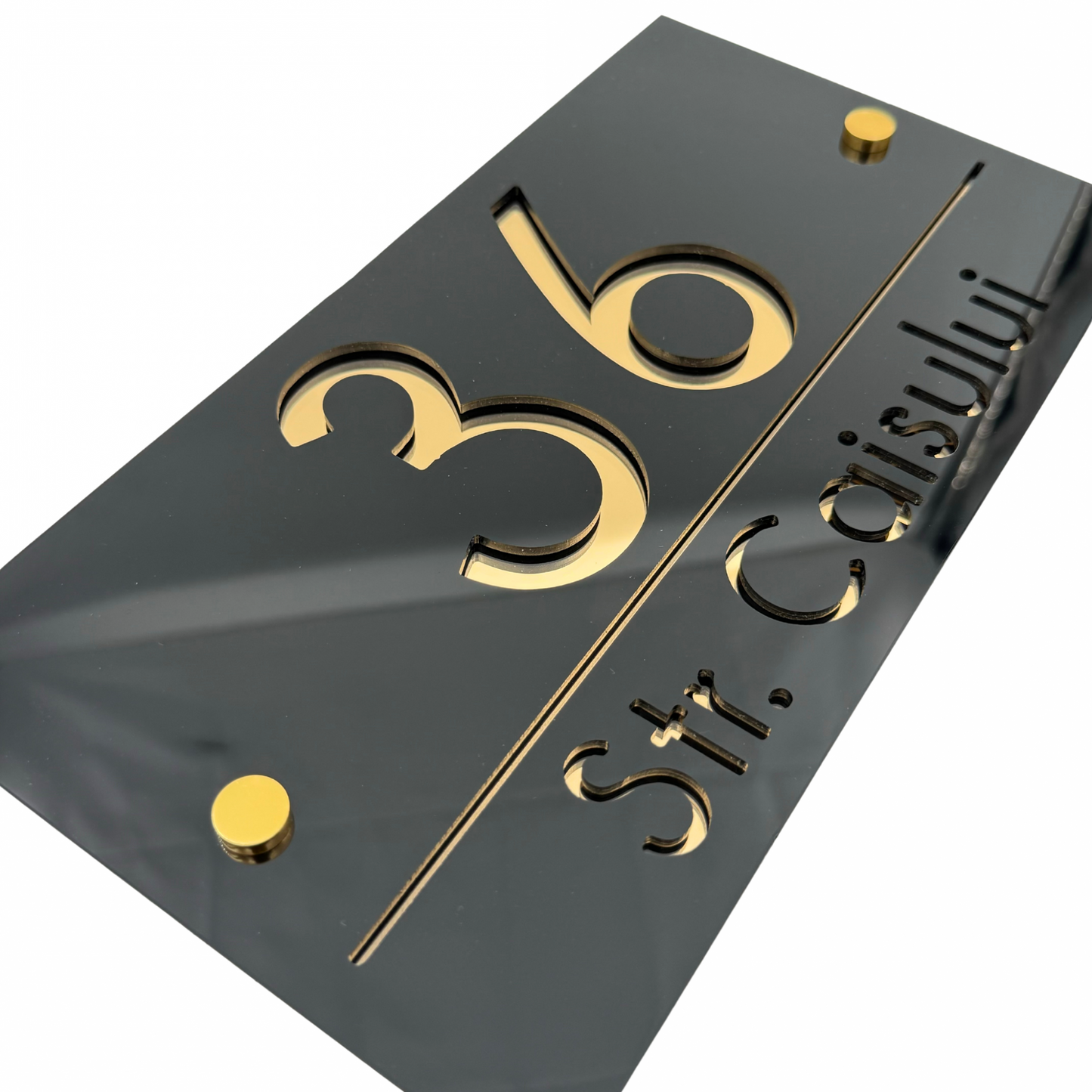 PREMIUM HOUSE NUMBER - Glossy Black Gold Mirror 2 Spacers Gold - 28×15 cm
