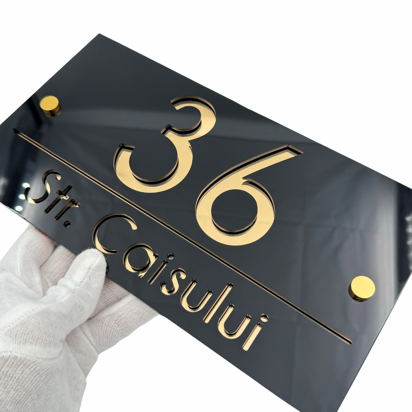 PREMIUM HOUSE NUMBER - Glossy Black Gold Mirror 2 Spacers Gold - 28×15 cm