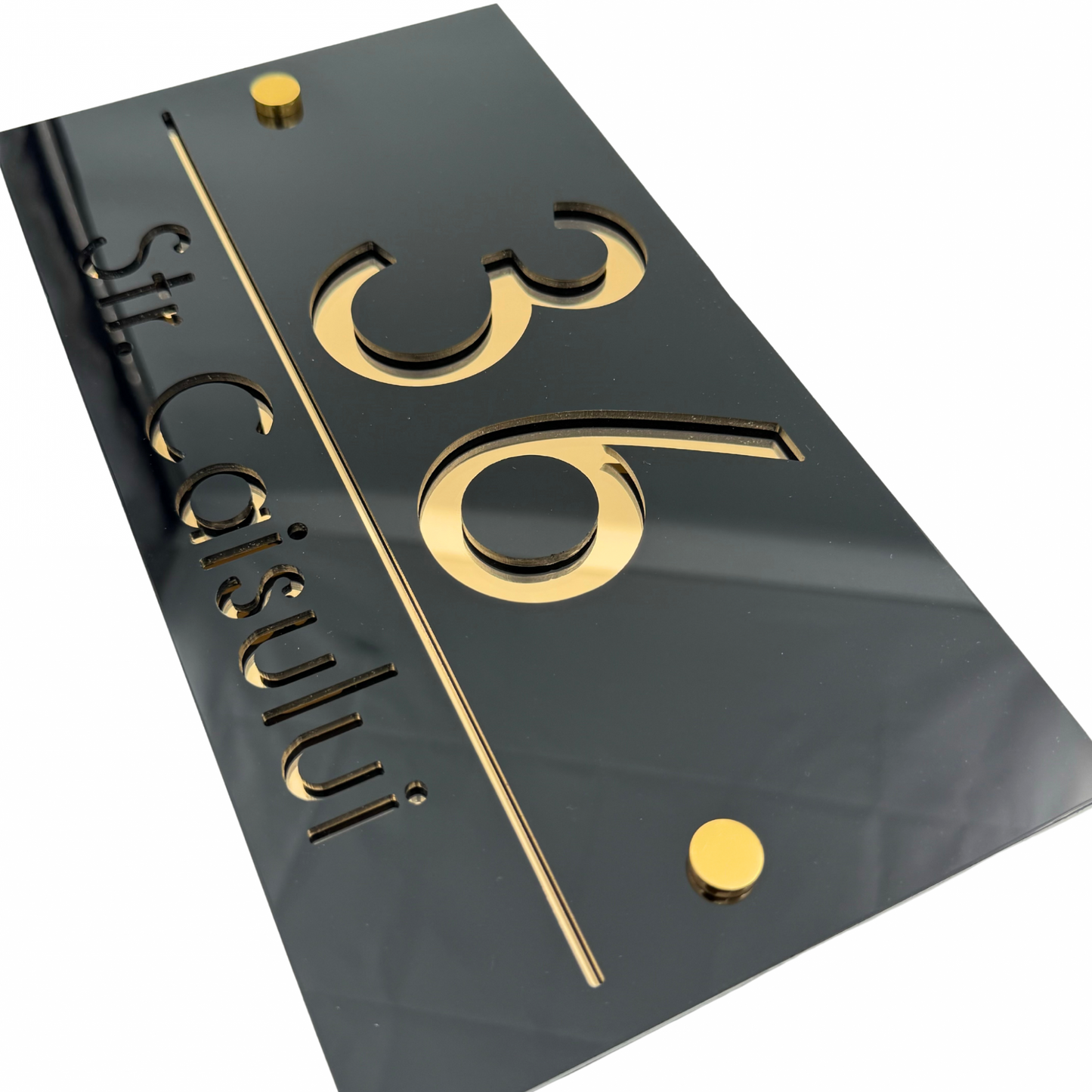 PREMIUM HOUSE NUMBER - Glossy Black Gold Mirror 2 Spacers Gold - 28×15 cm