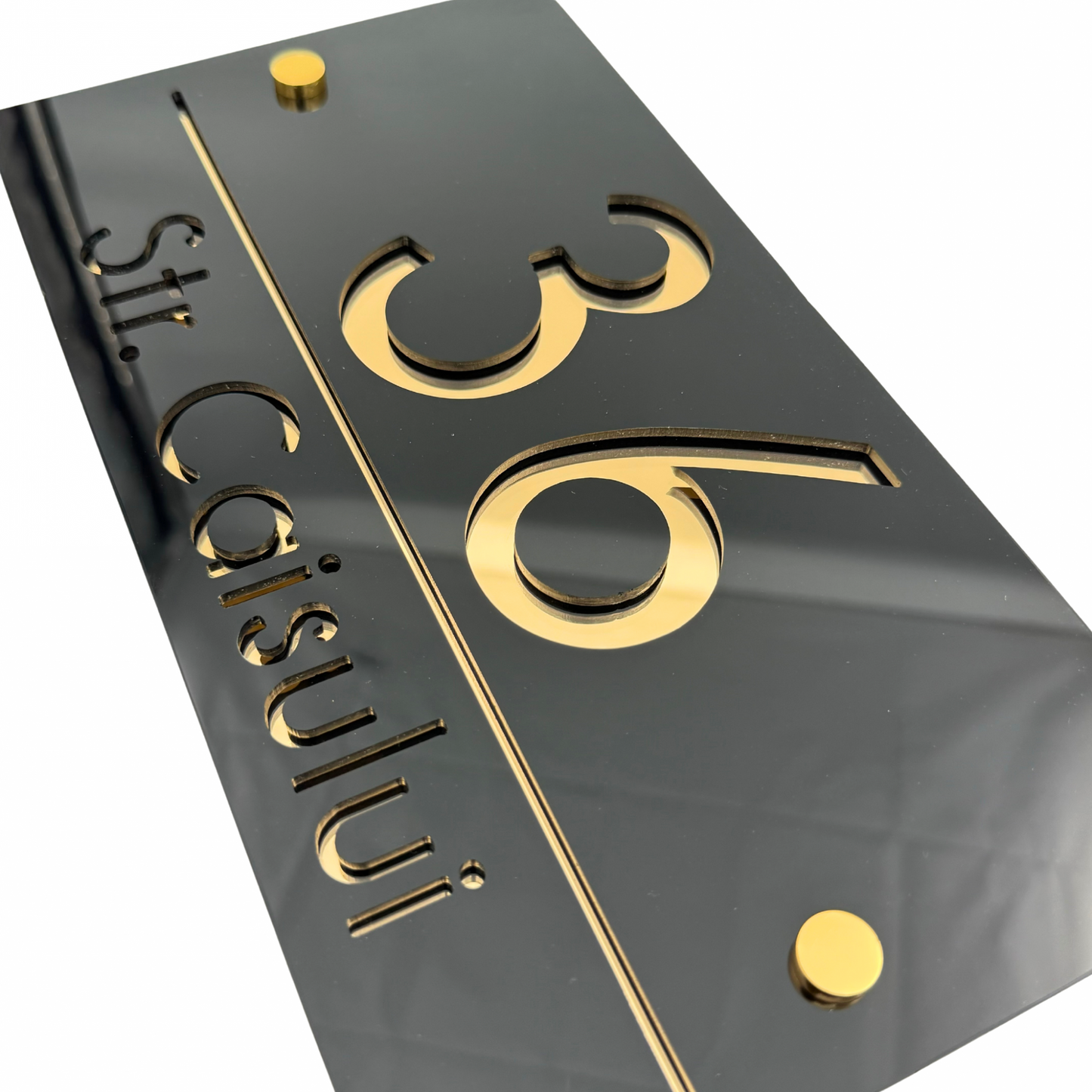 PREMIUM HOUSE NUMBER - Glossy Black Gold Mirror 2 Spacers Gold - 28×15 cm