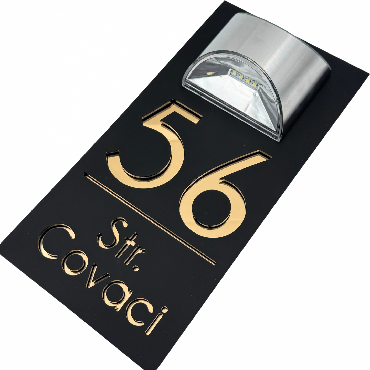 PREMIUM HOUSE NUMBER - Satin Black Gold Mirror Lampa Solara - 30×15 cm