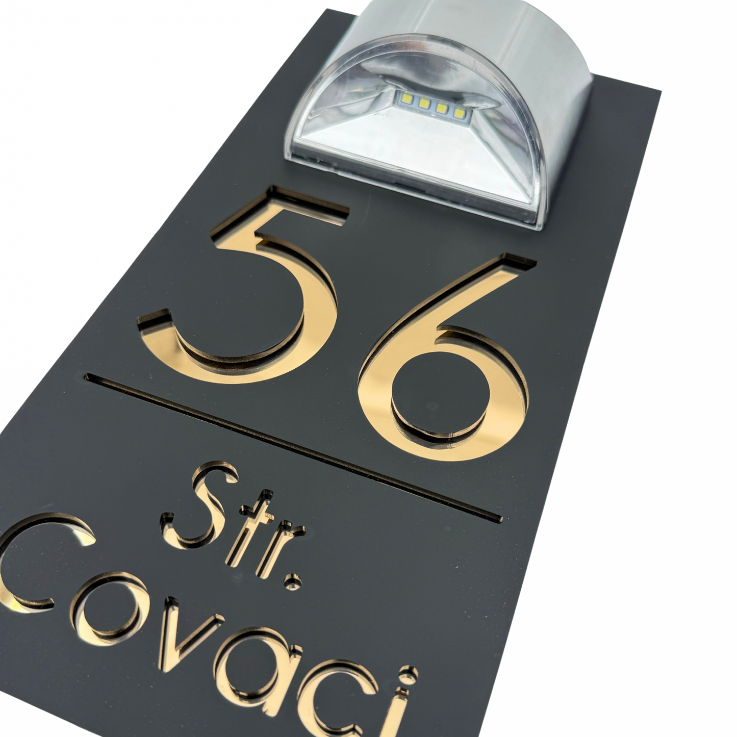 PREMIUM HOUSE NUMBER - Satin Black Gold Mirror Lampa Solara - 30×15 cm