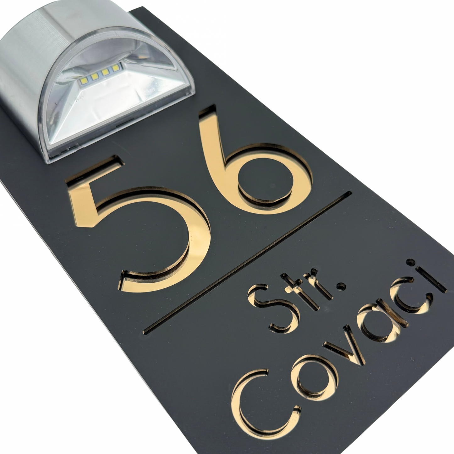 PREMIUM HOUSE NUMBER - Satin Black Gold Mirror Lampa Solara - 30×15 cm