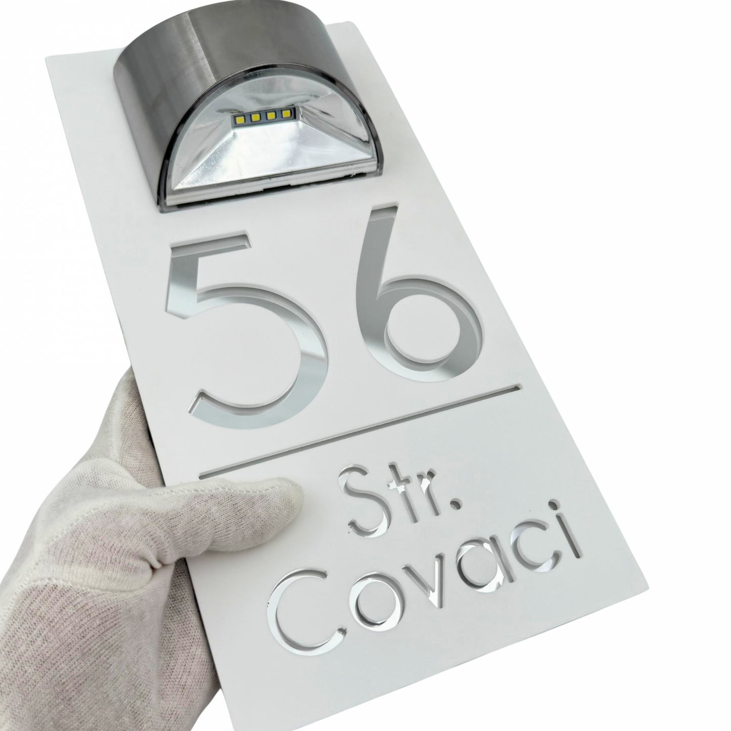 PREMIUM HOUSE NUMBER - White Satin Silver Mirror Lampa Solara - 30×15 cm