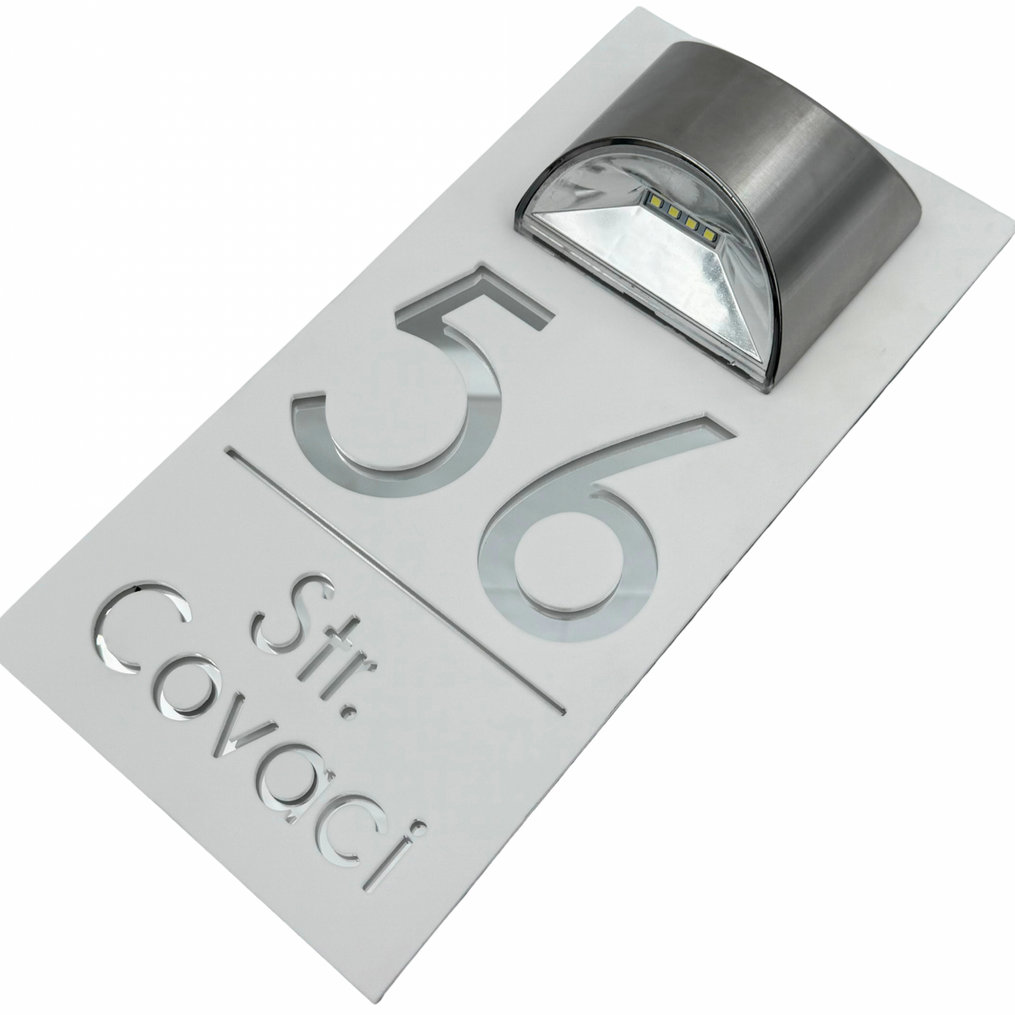 PREMIUM HOUSE NUMBER - White Satin Silver Mirror Lampa Solara - 30×15 cm
