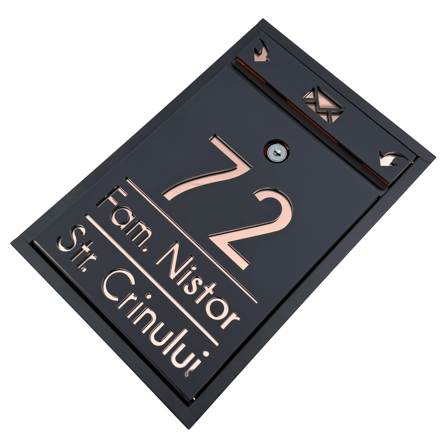 CUSTOM MAIL BOX - Satin Grey Anthracite Rose Gold Mirror - 32x22×9 cm