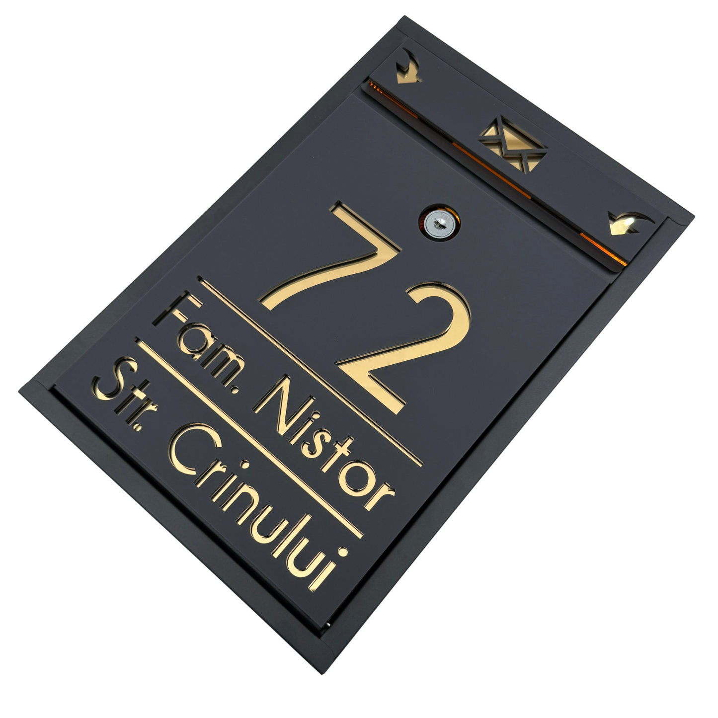 CUSTOM MAIL BOX - Satin Grey Anthracite Gold Mirror - 32x22×9 cm