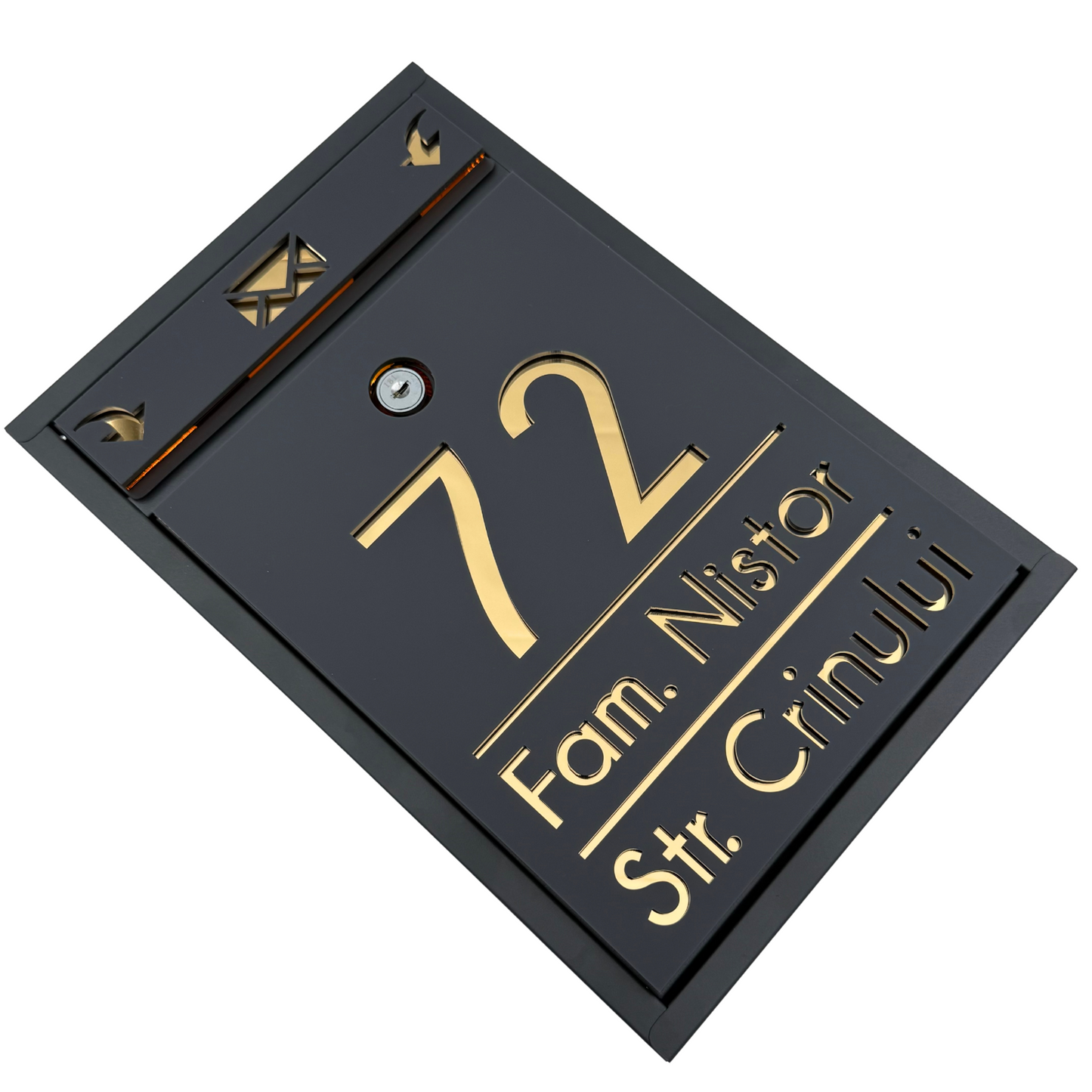 CUSTOM MAIL BOX - Satin Grey Anthracite Gold Mirror - 32x22×9 cm