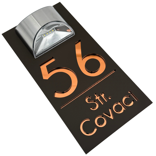 PREMIUM HOUSE NUMBER – Satin Brown Copper Mirror Solar Lamp – 30 x15 cm