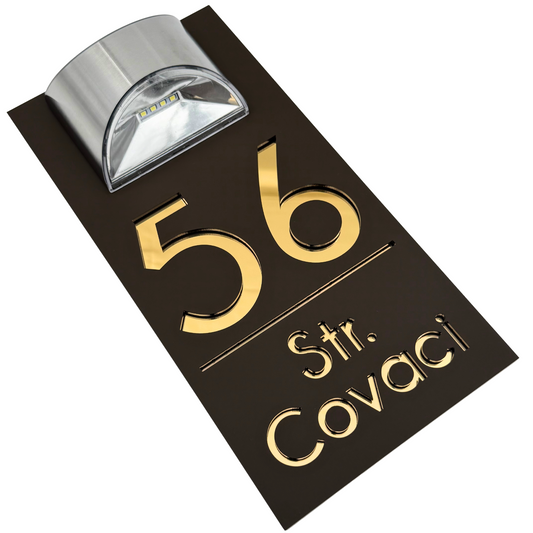 PREMIUM HOUSE NUMBER – Satin Brown Gold Mirror Solar Lamp – 30 x15 cm