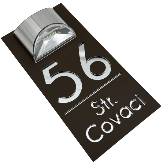 PREMIUM HOUSE NUMBER – Satin Brown Silver Mirror Solar Lamp – 30 x15 cm