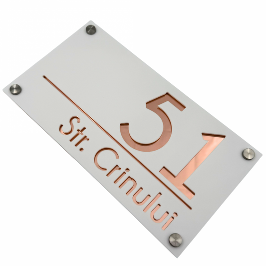 PREMIUM HOUSE NUMBER - White Satin Rose Gold Mirror 4 Spacers Silver - 28×15 cm