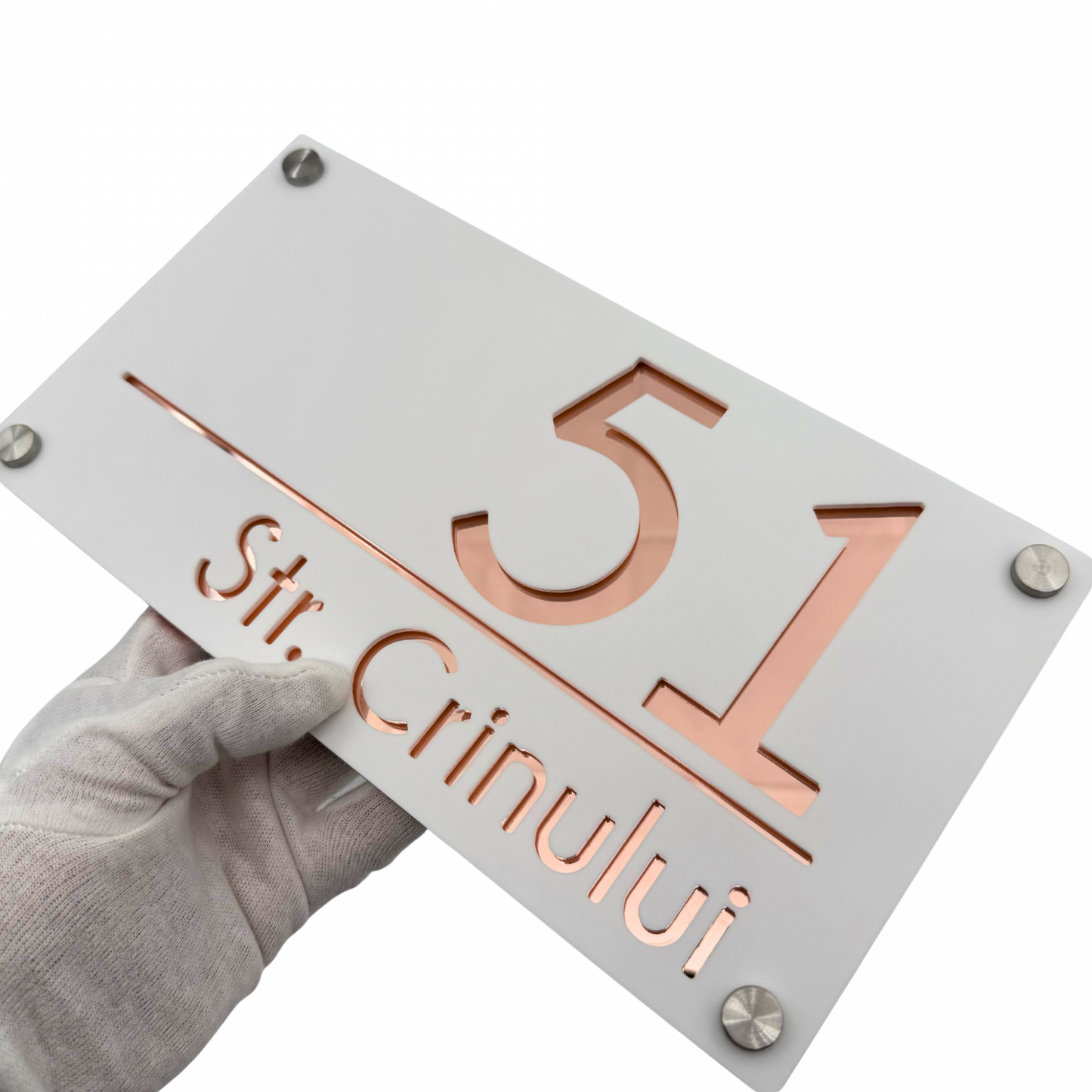 PREMIUM HOUSE NUMBER - White Satin Rose Gold Mirror 4 Spacers Silver - 28×15 cm