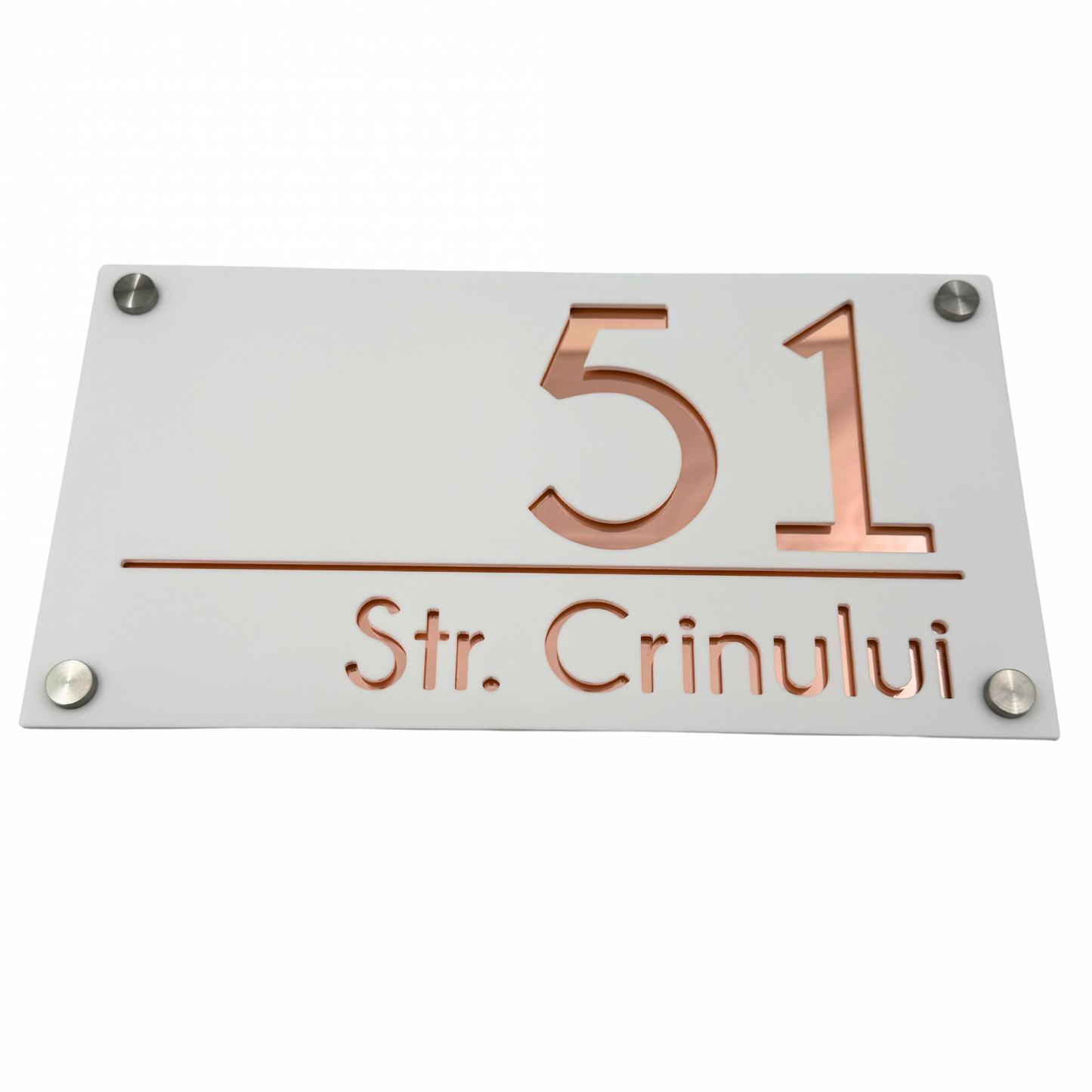 PREMIUM HOUSE NUMBER - White Satin Rose Gold Mirror 4 Spacers Silver - 28×15 cm