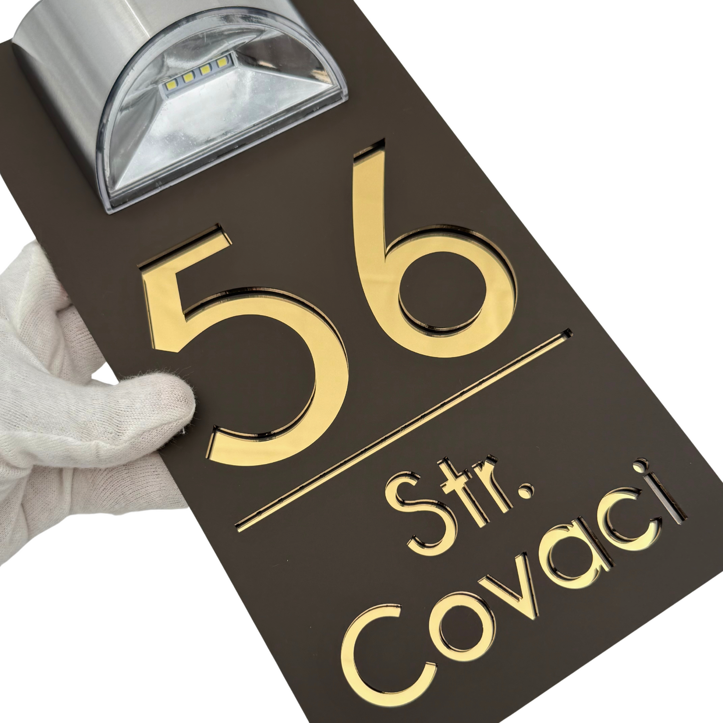 PREMIUM HOUSE NUMBER – Satin Brown Gold Mirror Solar Lamp – 30 x15 cm