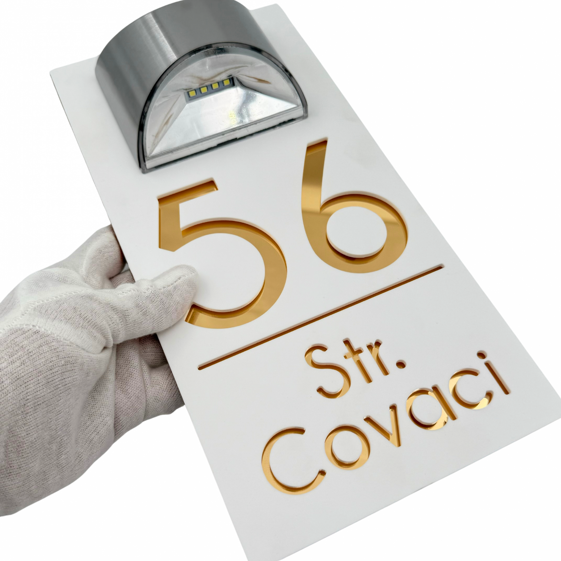 PREMIUM HOUSE NUMBER - White Satin Gold Mirror Lampa Solara - 30×15 cm