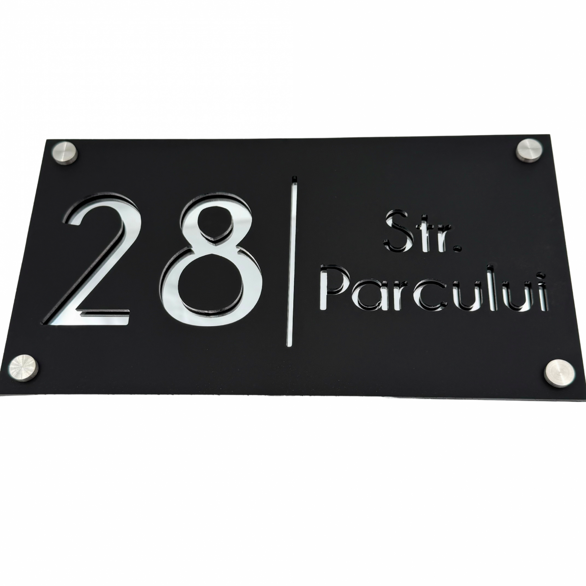 PREMIUM HOUSE NUMBER - Satin Black Silver Mirror 4 Spacers Silver - 28×15 cm