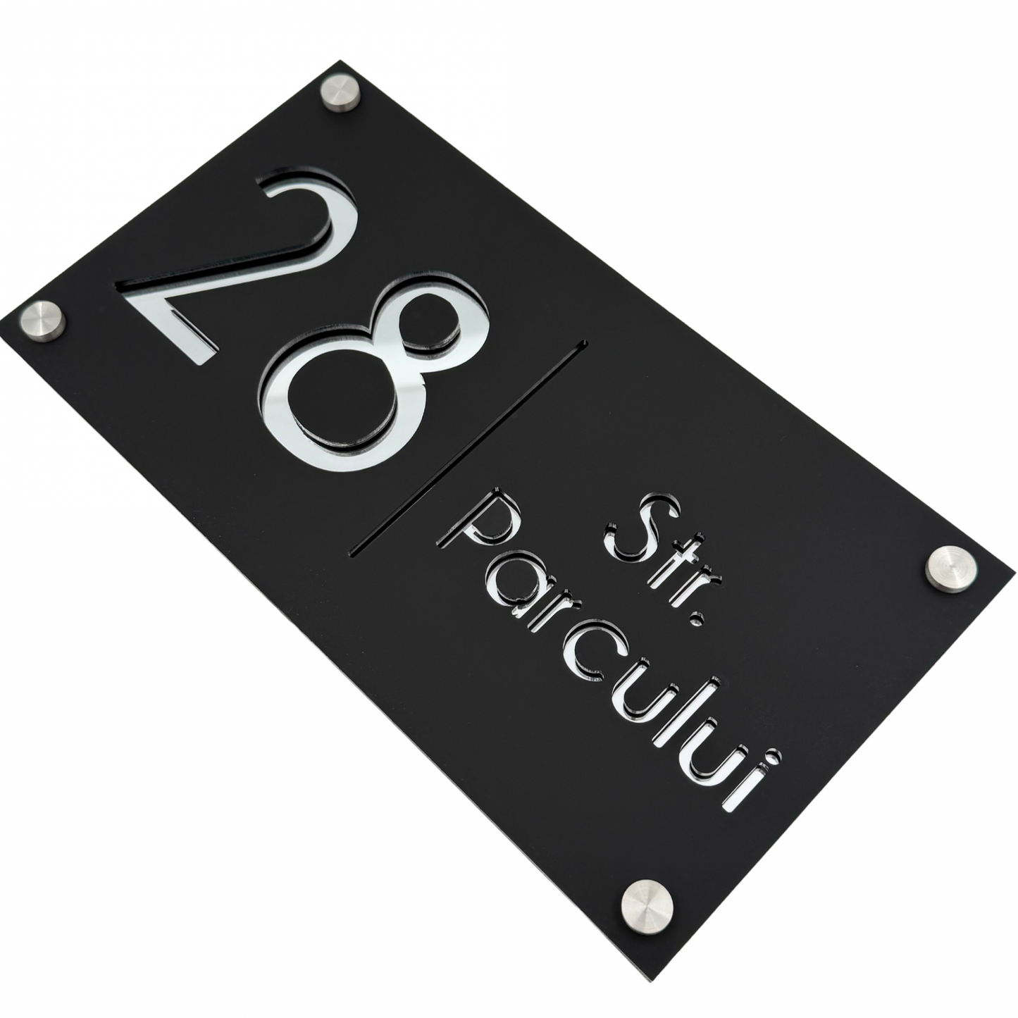 PREMIUM HOUSE NUMBER - Satin Black Silver Mirror 4 Spacers Silver - 28×15 cm